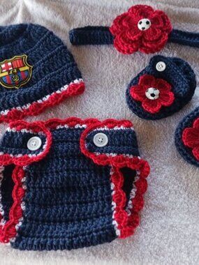 Crochet Baby Girl FC Barcelona Soccer Inspired Outfit Photo Prop
